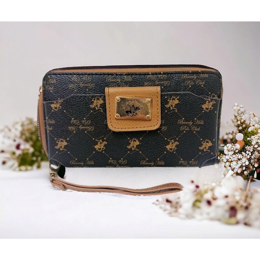 BEVERLY HILLS POLO CLUB Walllet w Wristlet Strap Card Slots Zip Pocket BROWN VNT